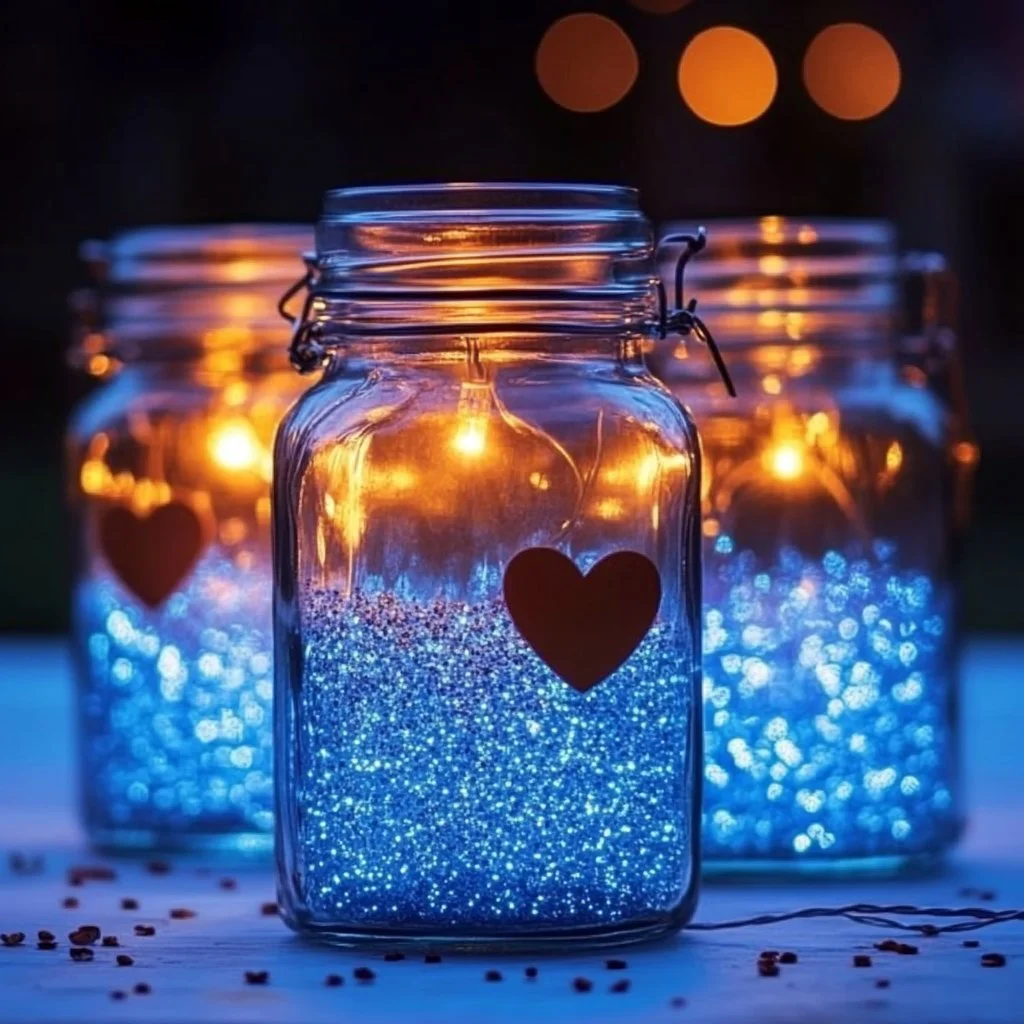 Light-up hand-painted sparkle jar shining beautifully in a cozy setting.