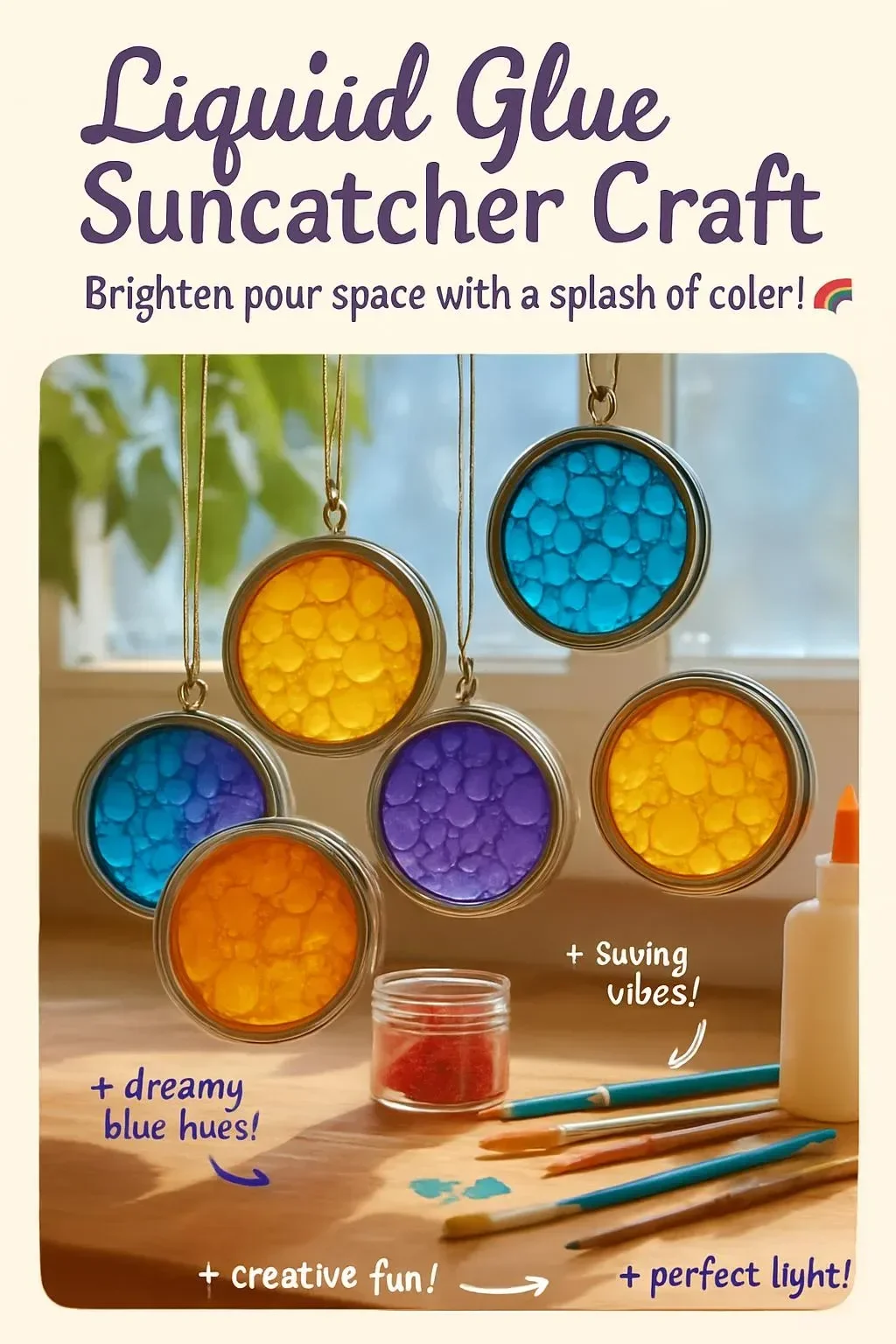 Colorful suncatcher craft made with liquid glue