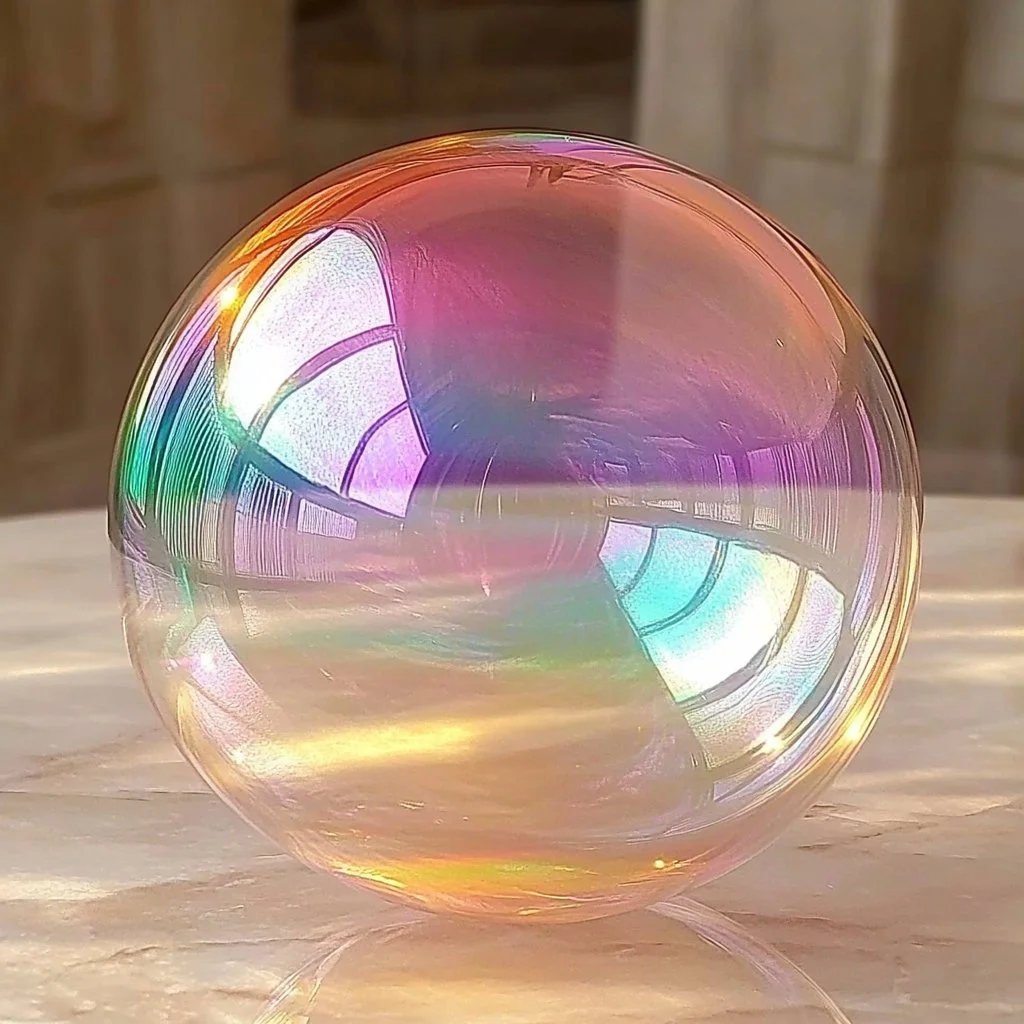 A colorful array of Magic Bubbles floating in the air against a blue sky