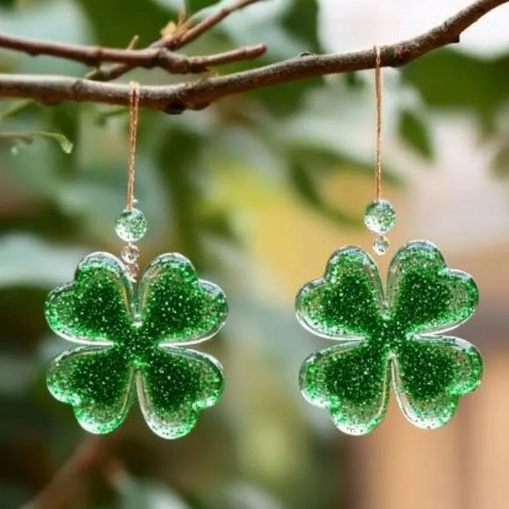 Colorful melted shamrock suncatchers hanging in a window