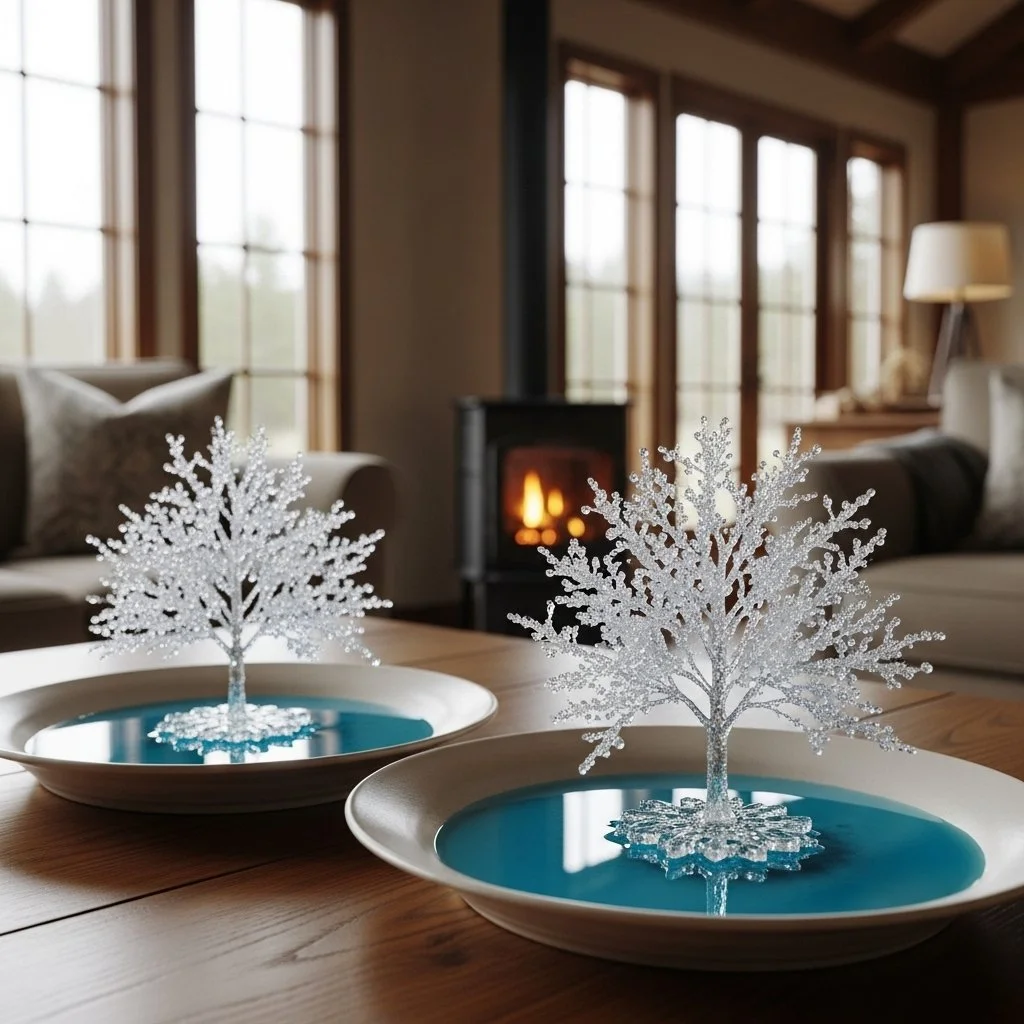 Homemade crystal snowflakes created from simple materials for winter decor.