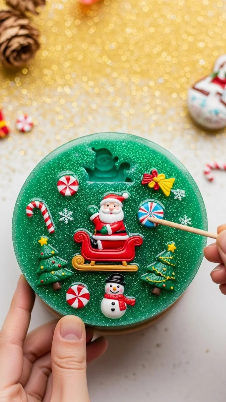 DIY festive resin coasters with colorful designs and sparkles