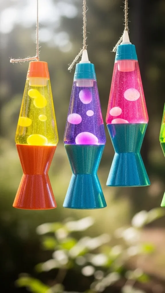 Colorful homemade lava lamp suncatcher hanging in sunlight
