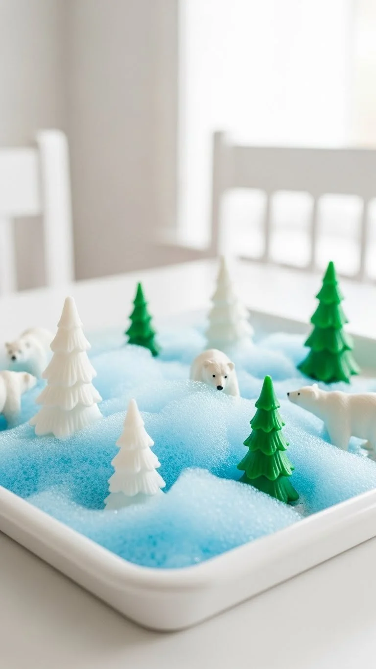 Child playing with homemade snow foam sensory play in a colorful setup.