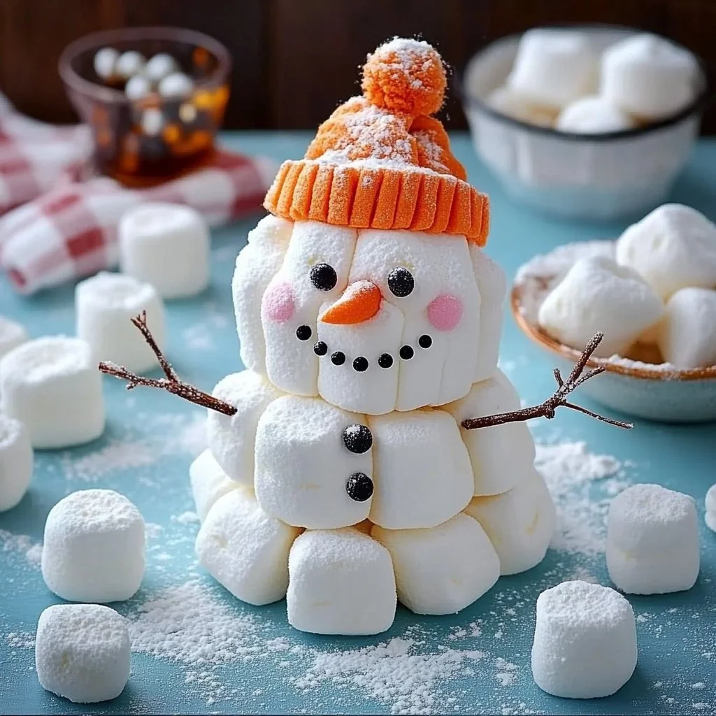 Marshmallow snowman craft activity with festive decorations and children