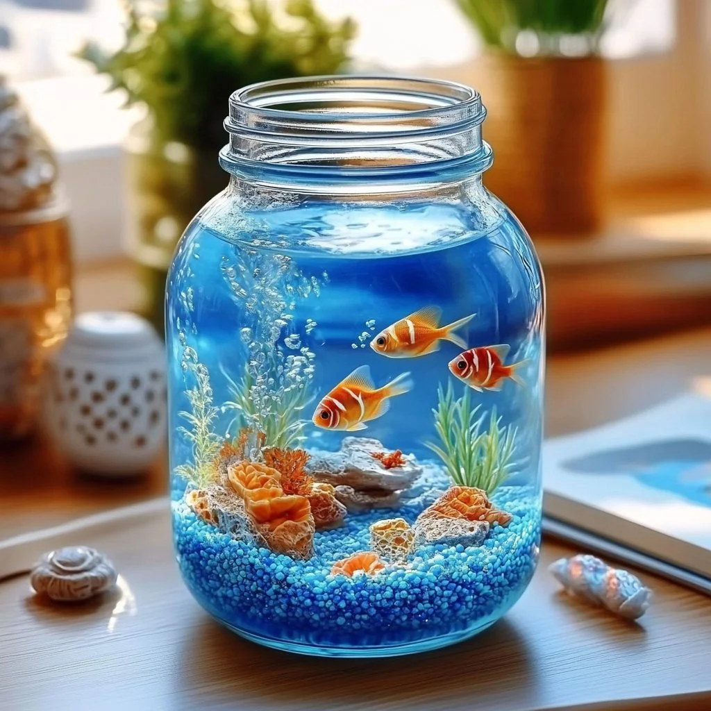 Beautiful Mason Jar Aquarium with colorful fish and aquatic plants