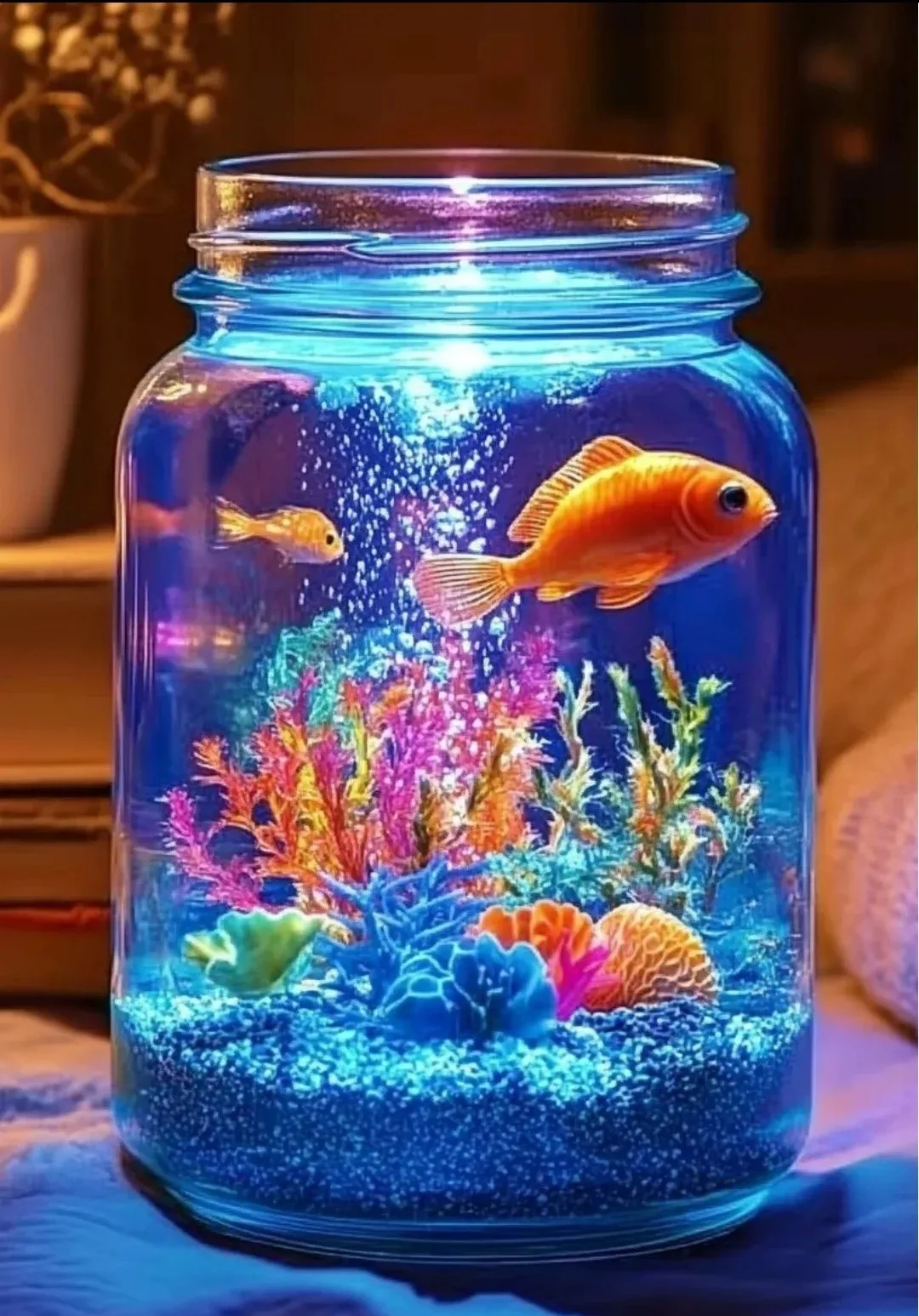 Mason Jar Aquarium Lamp illuminating a beautiful fish tank