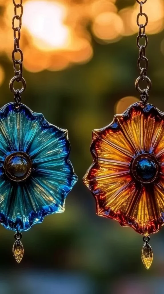 Colorful melted bead sun catchers reflecting light in a sunny window.