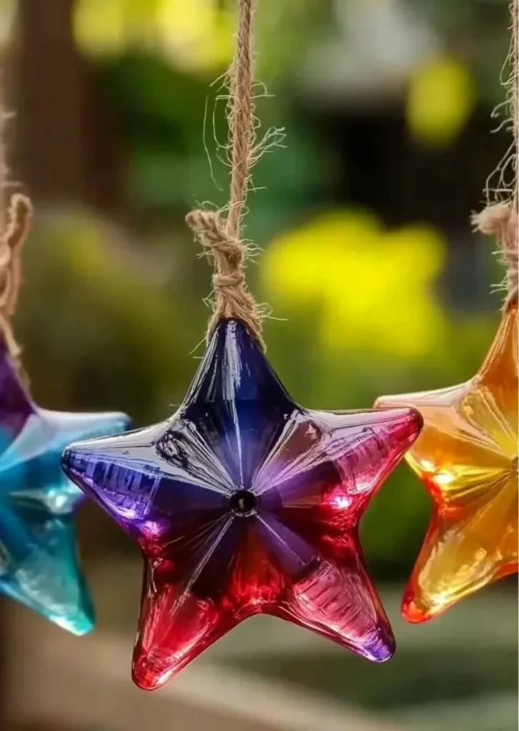 Melted crayon magic star suncatchers hanging in a window