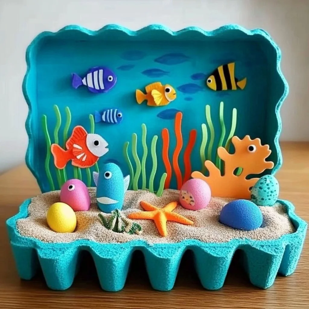 Mini ocean diorama crafted in an egg carton showcasing vibrant marine life.