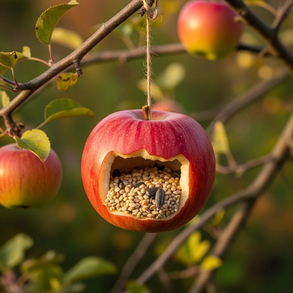 Natural apple bird feeder attracting songbirds in a garden setting.