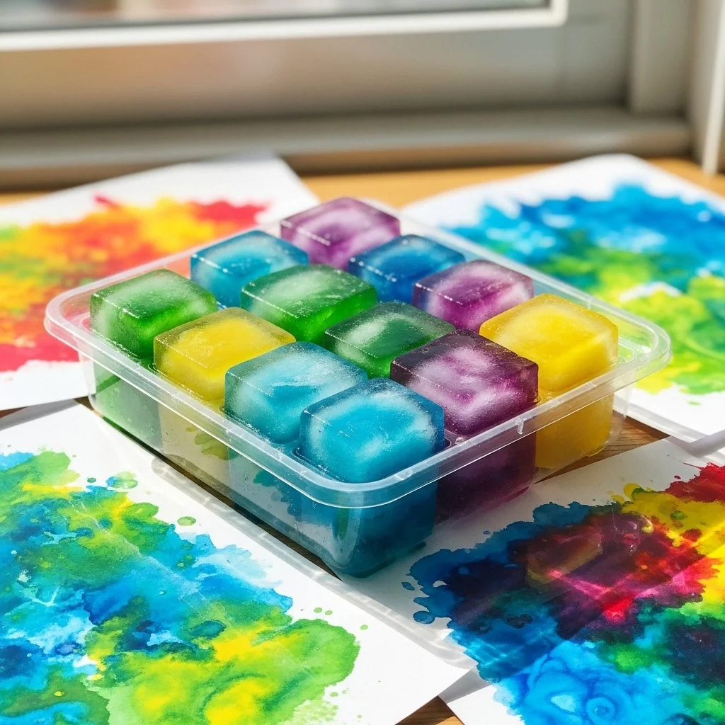 Colorful ice painting experiment showcasing lively colors on ice surface.