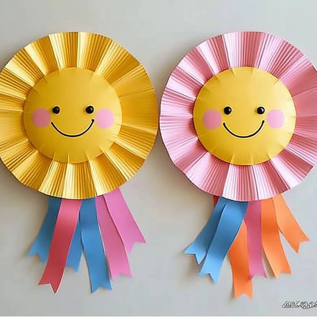 Colorful paper plate sunshine craft for kids' art activities.