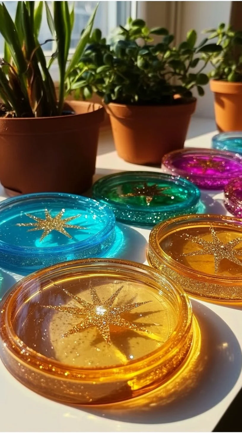 Colorful Plastic Lid Suncatchers catching sunlight in a bright room.