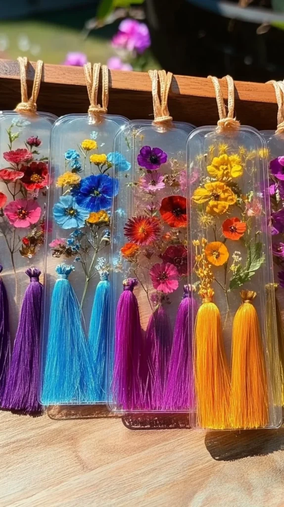 Beautiful pressed flower bookmarks showcasing vibrant, dried flowers in unique designs.
