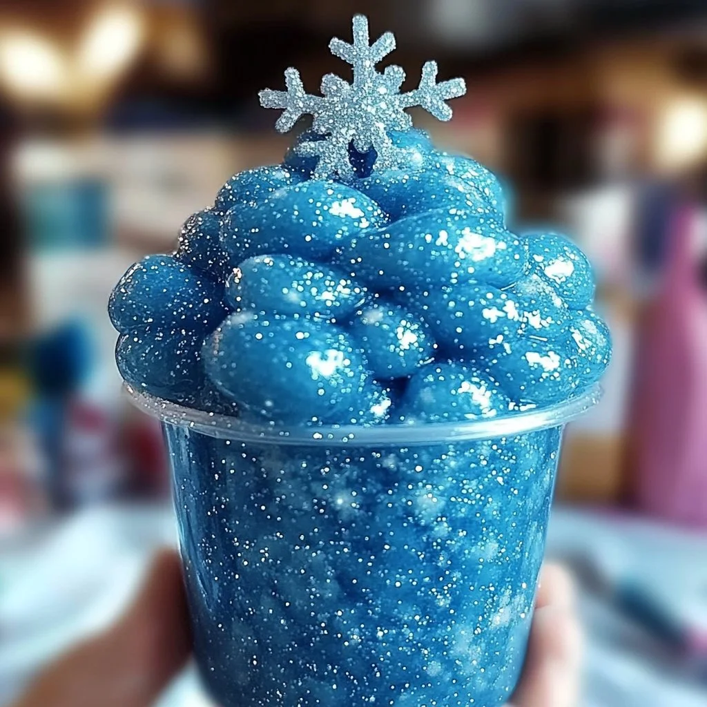 Colorful Princess Elsa slime in a bowl with sparkles and snowflakes