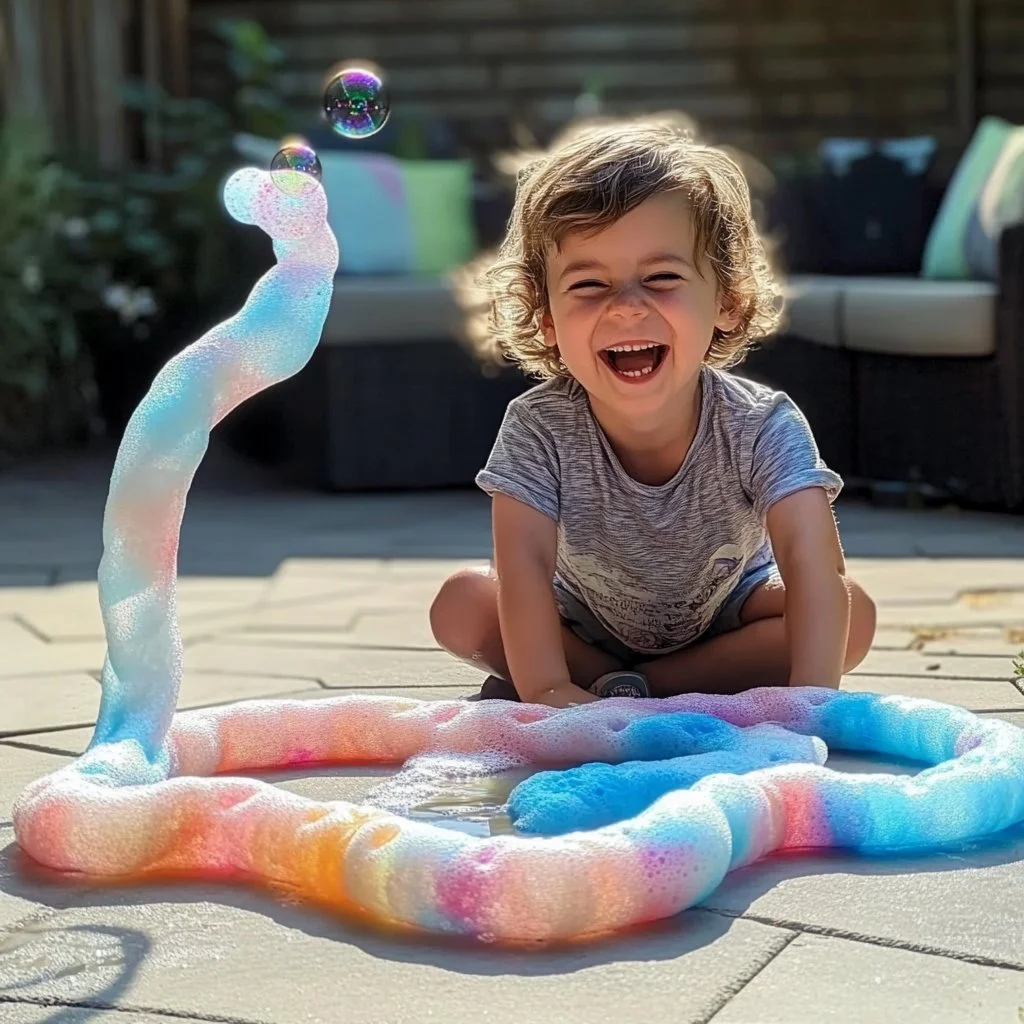 A vibrant display of rainbow bubble snakes created by children using household materials.