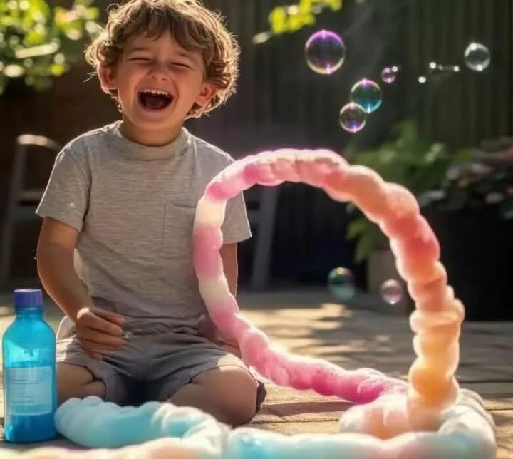 Colorful rainbow bubble snakes activity for kids with bubbles and creativity