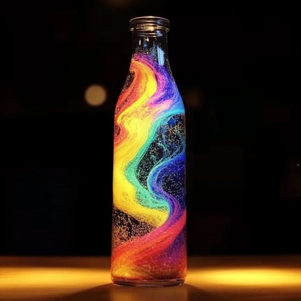 Rainbow Fizz Tornado in a Bottle showcasing vibrant colors and fizzing bubbles.