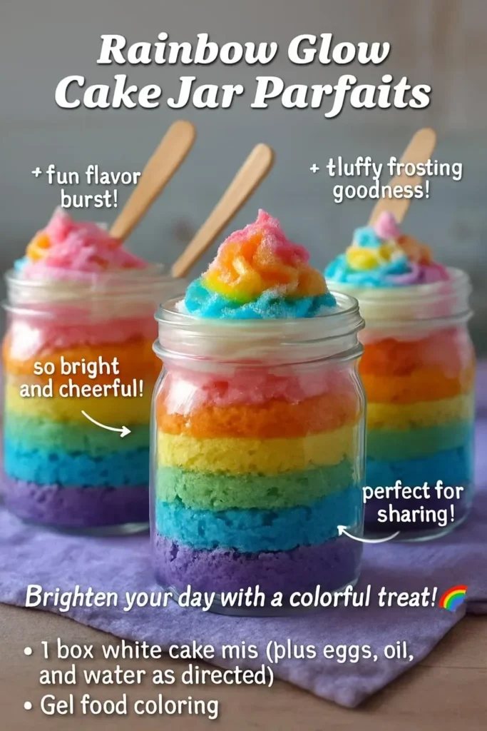 Rainbow Glow Cake Jar Parfaits with vibrant layers in a clear jar