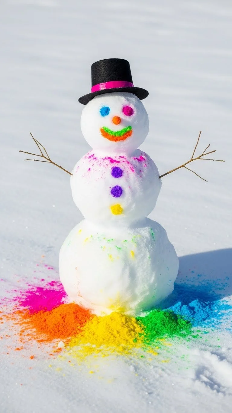 Colorful Rainbow Snowman made with snow and various vibrant colors.