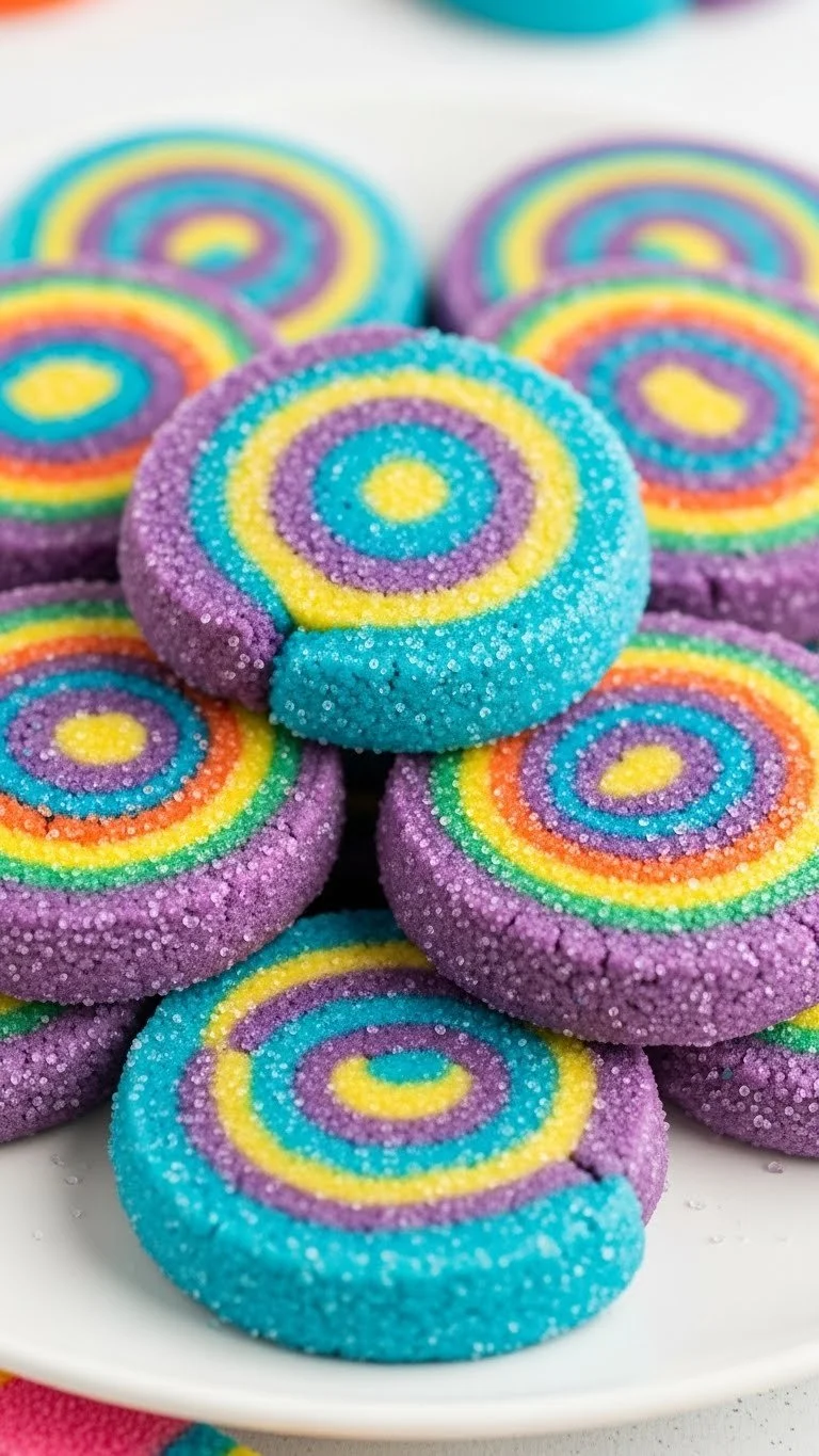 Colorful rainbow sugar cookies on a white plate