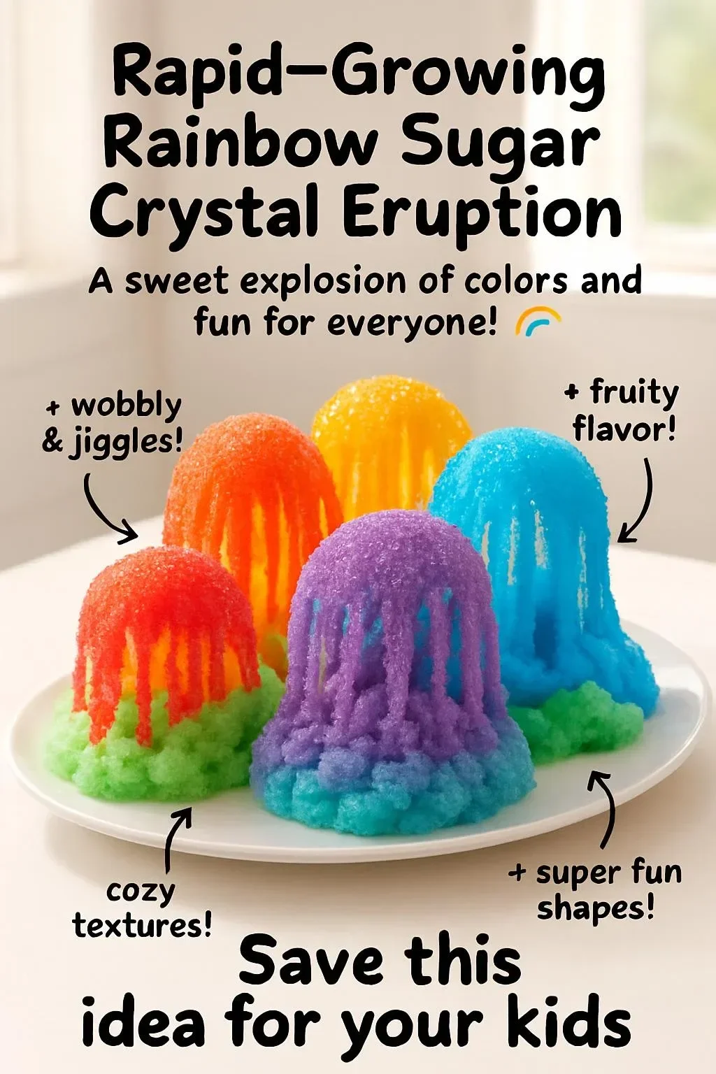Vibrant rainbow sugar crystal eruption showcasing rapid growth and colorful formations.