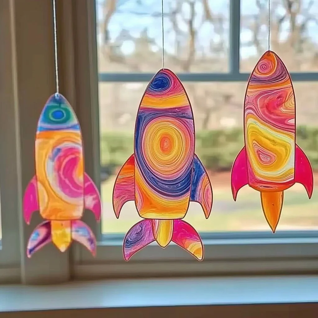 Vibrant Rocket Ship Swirl Suncatchers designed to catch sunlight beautifully.