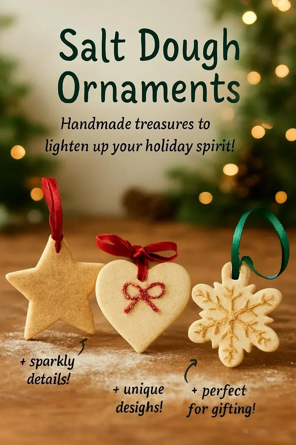 Handcrafted salt dough ornaments displayed on a festive table.