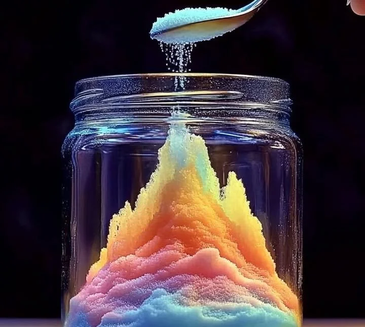 A jar showcasing a rainbow eruption from a salt volcano science experiment.