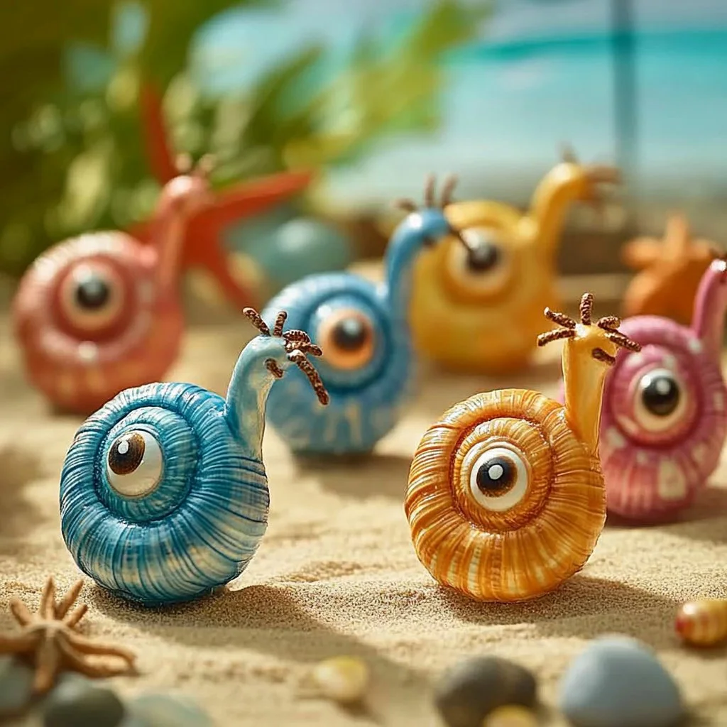 Colorful seashell snail crafts created with shells and art supplies