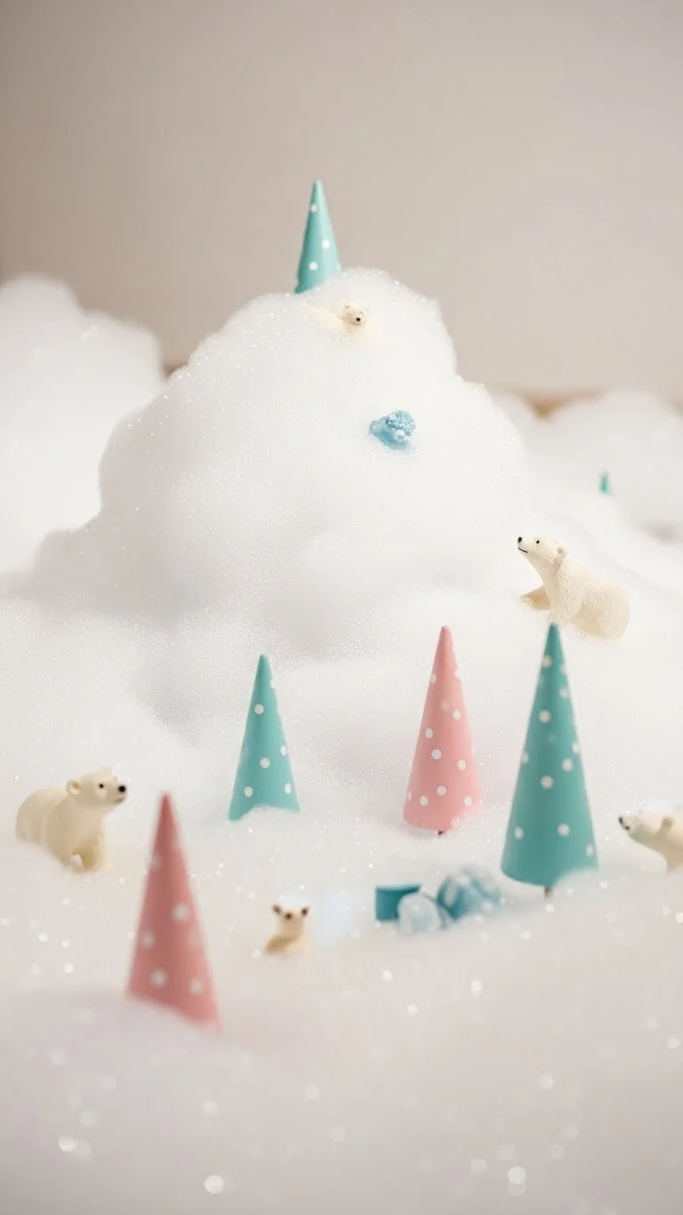 Children enjoying snow foam sensory play with colorful foam and tools.