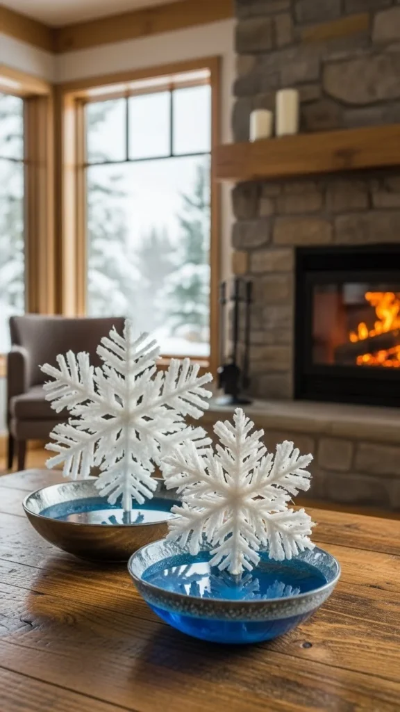 Snowflake growing experiment illustrating crystallization and environmental effects