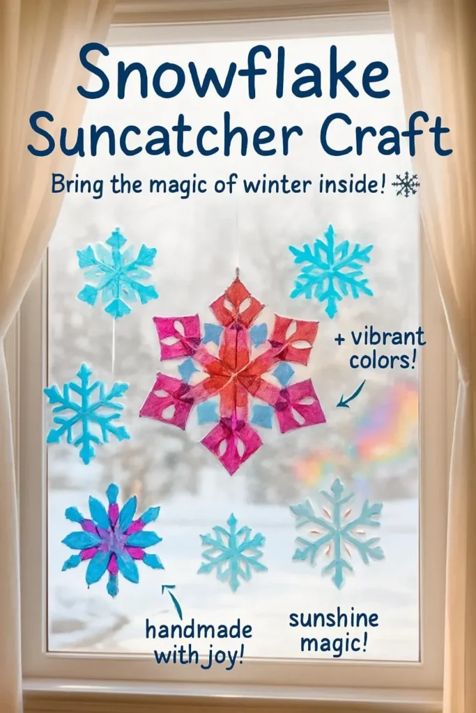 Handmade snowflake suncatcher craft displaying vibrant colors and winter theme.