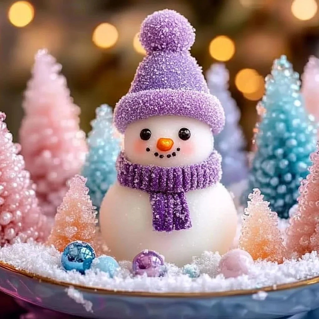 Charming Snowman Crystal Village decorated with sparkling snowflakes.