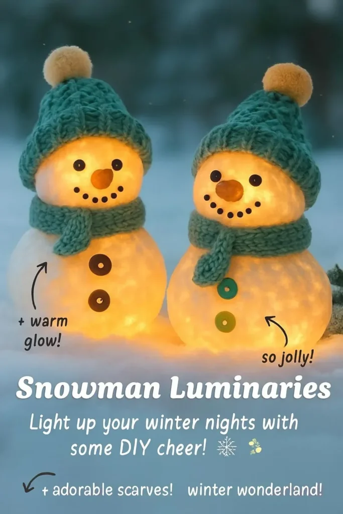 Charming snowman luminaries lighting up a winter scene.