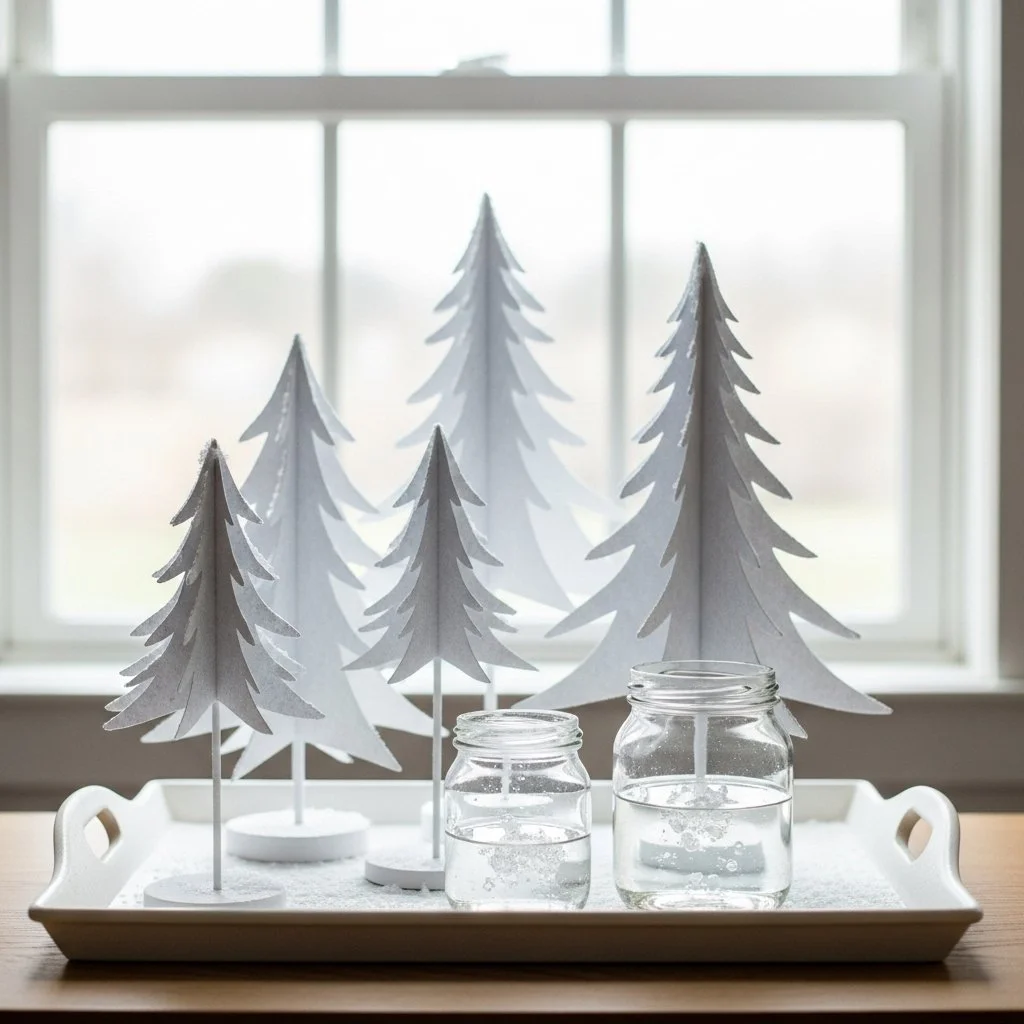Beautiful snowy crystal paper tree scene decorated for the holidays.