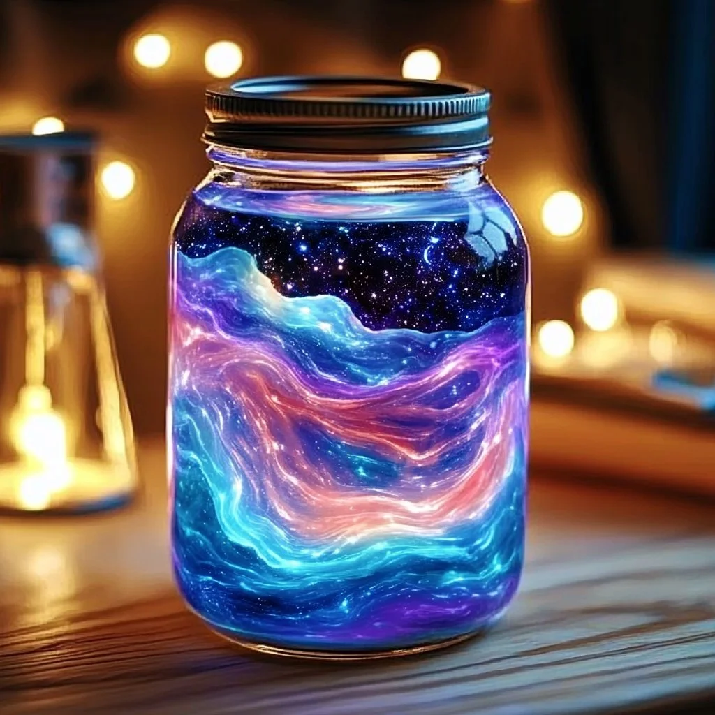 A beautifully crafted galaxy in a jar with stars and swirling colors.
