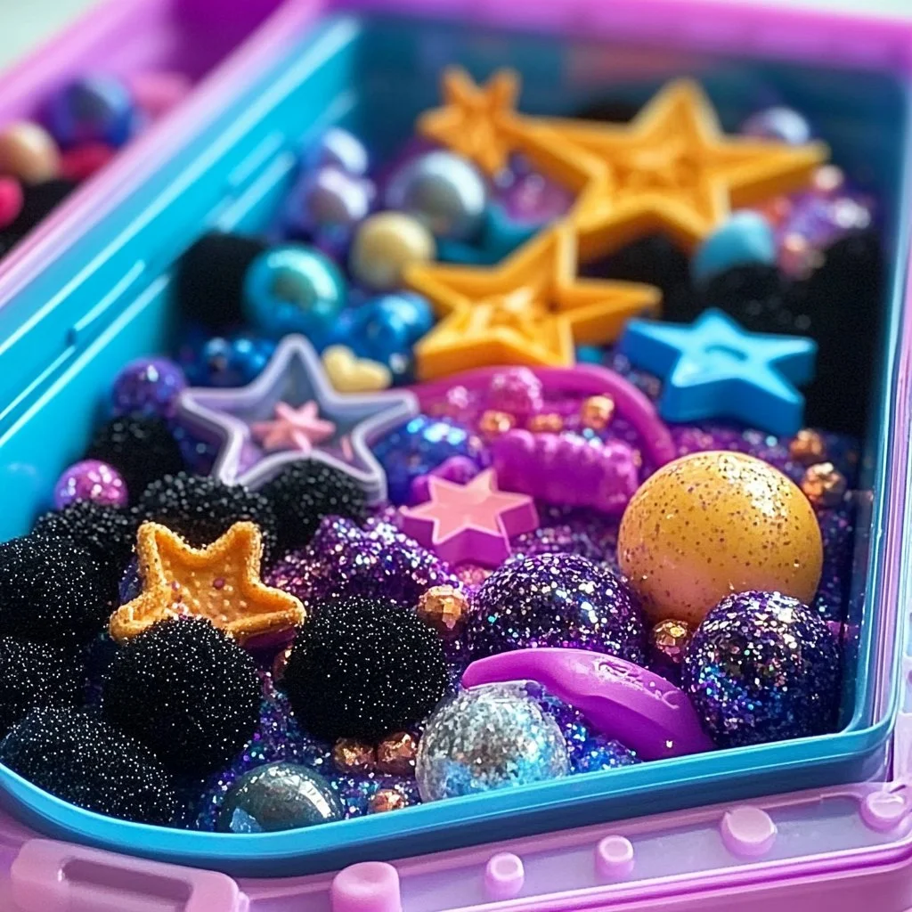 A colorful Space Sensory Bin filled with stars, planets, and space-themed materials for kids.