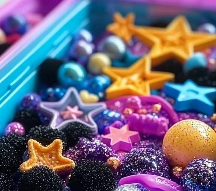 Kids playing with a space-themed sensory bin filled with stars and planets.