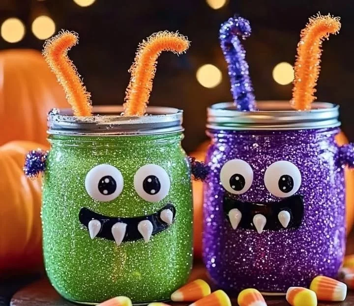Colorful Sparkly Monster Jars for creative home decor and fun storage solutions.
