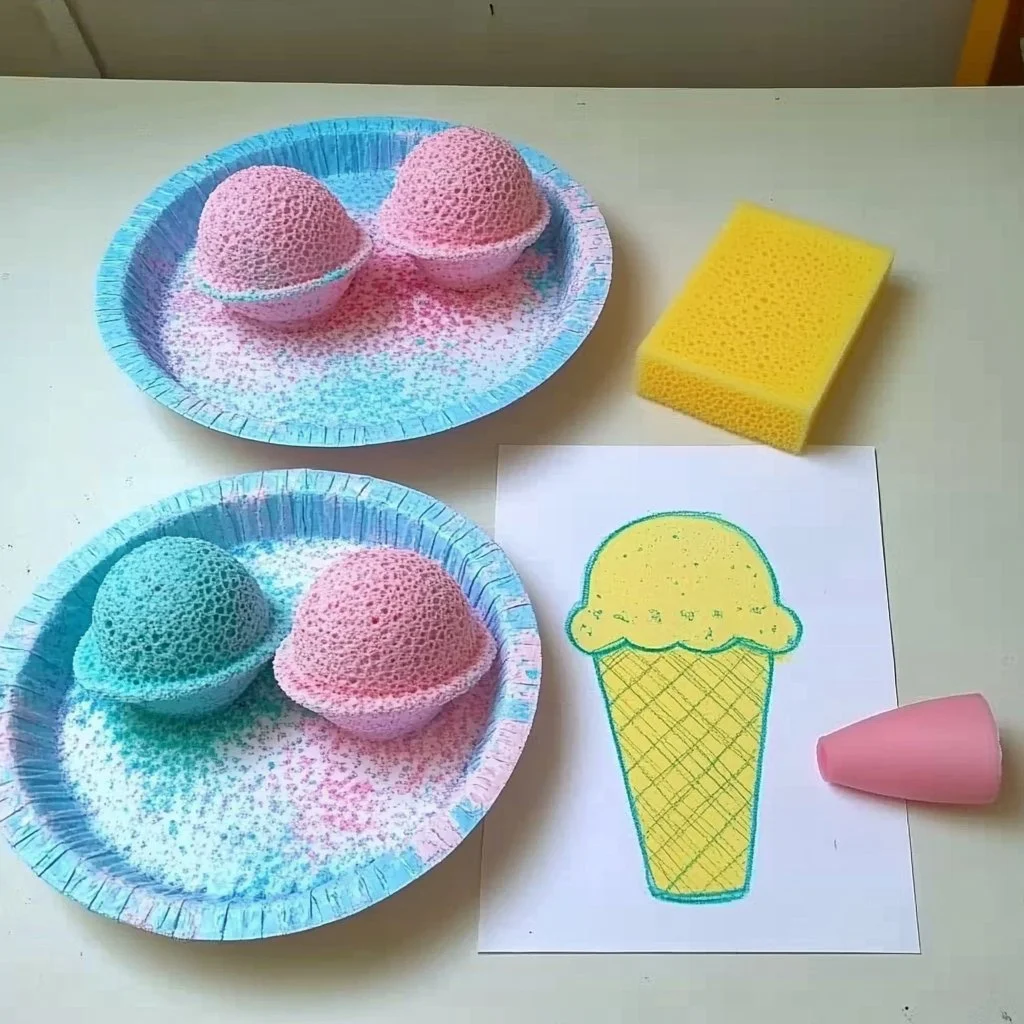 Colorful sponge-painted ice cream cone craft for kids