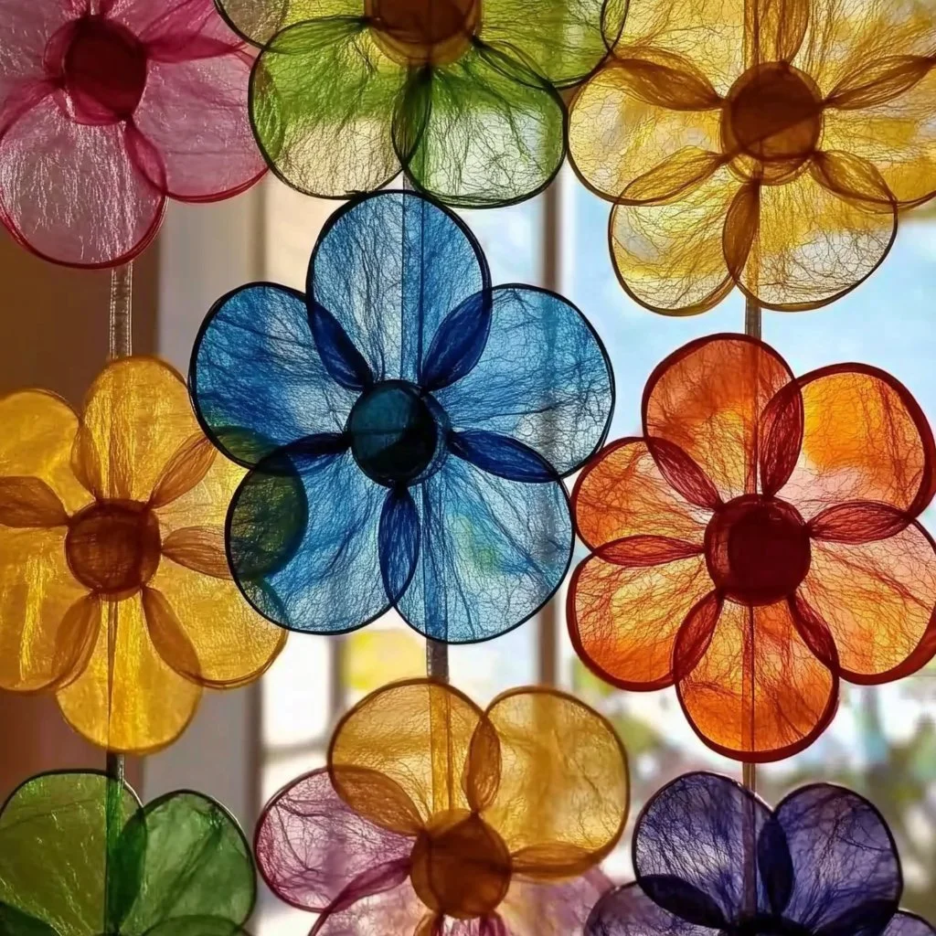 Colorful stained glass tissue paper flowers for creative decor projects