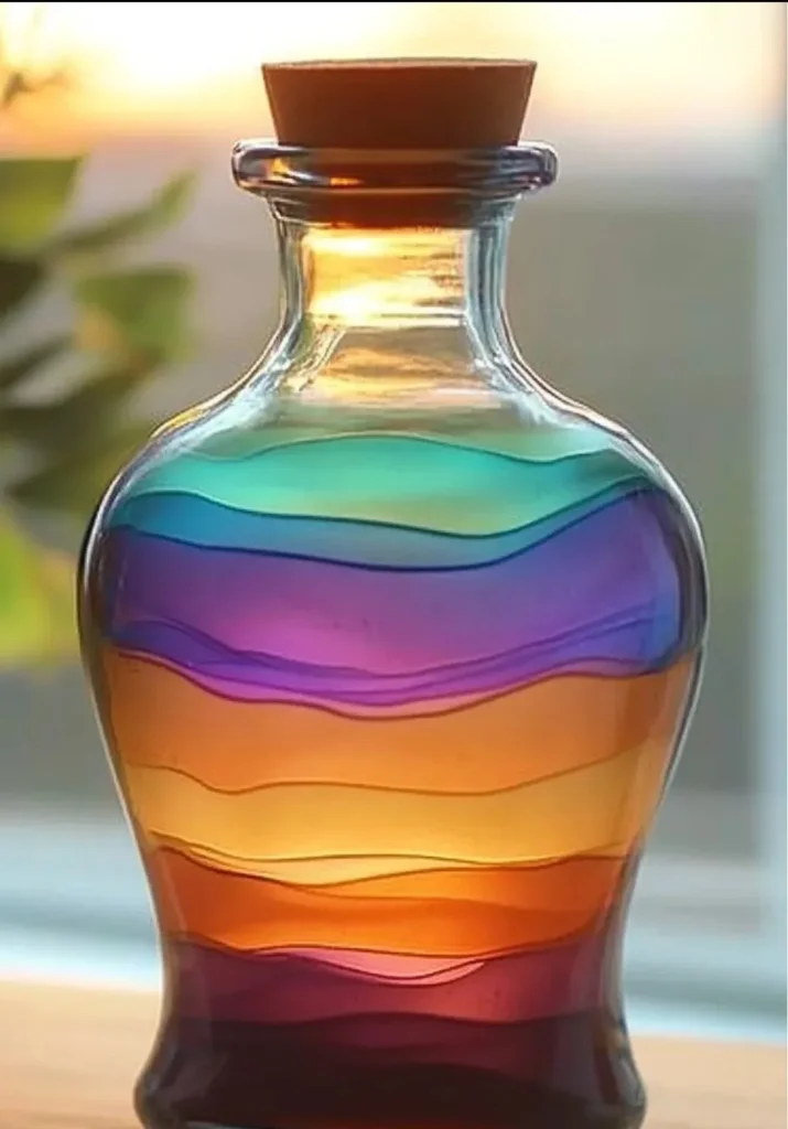 A beautiful sunset captured in a decorative bottle, showcasing vibrant colors.
