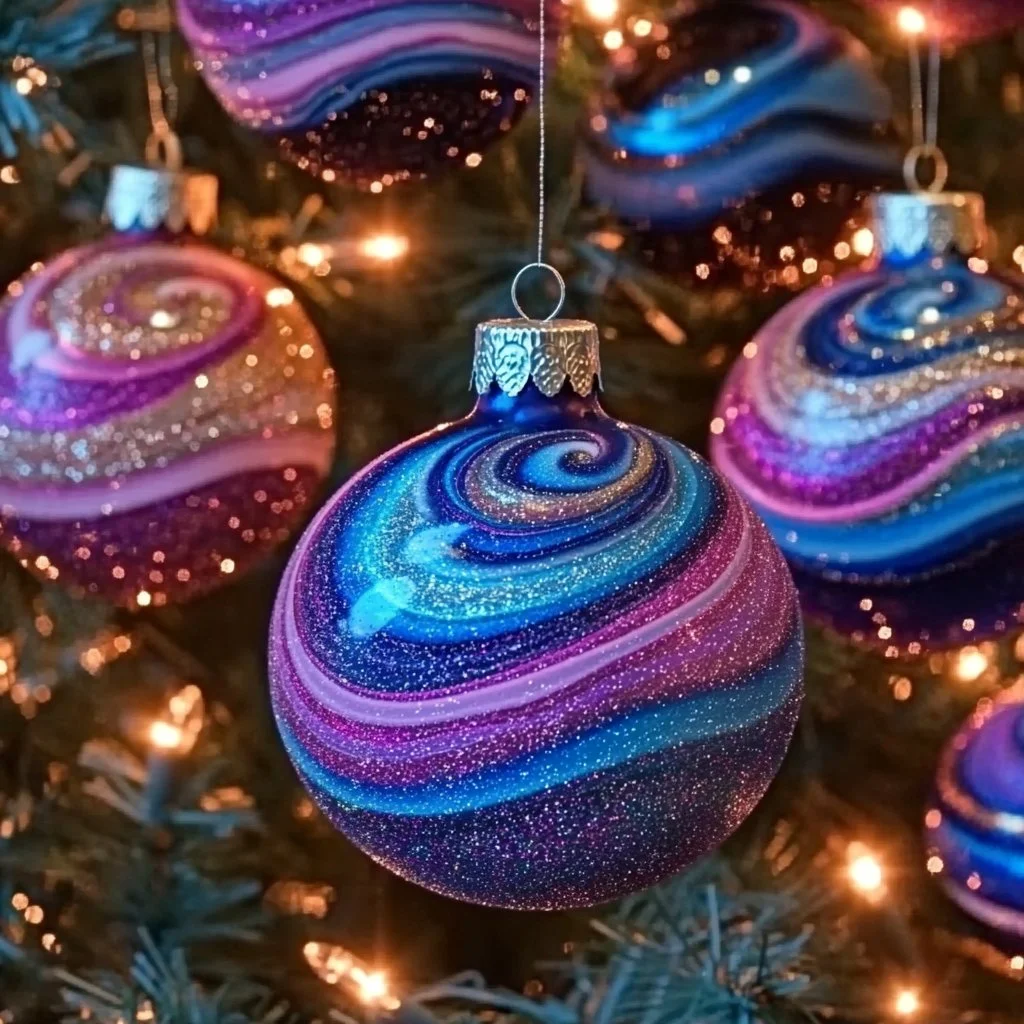Swirl baking soda galaxy ornaments displayed in festive decor
