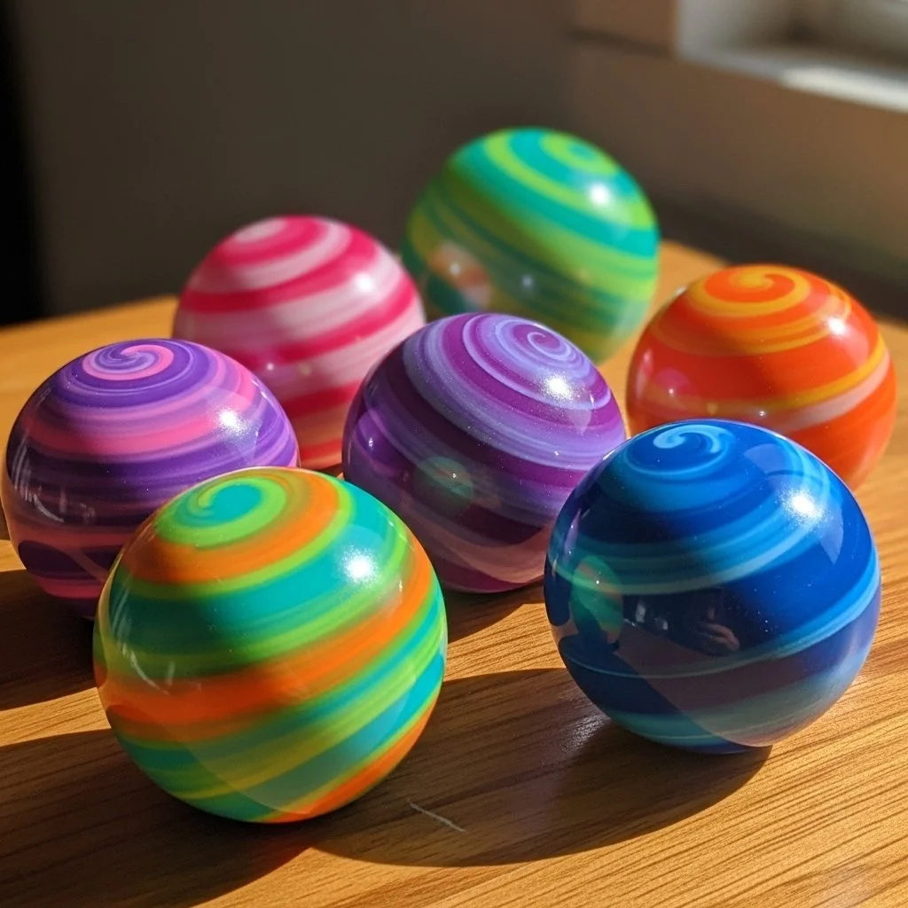 Colorful swirl bounce balls made with a DIY recipe