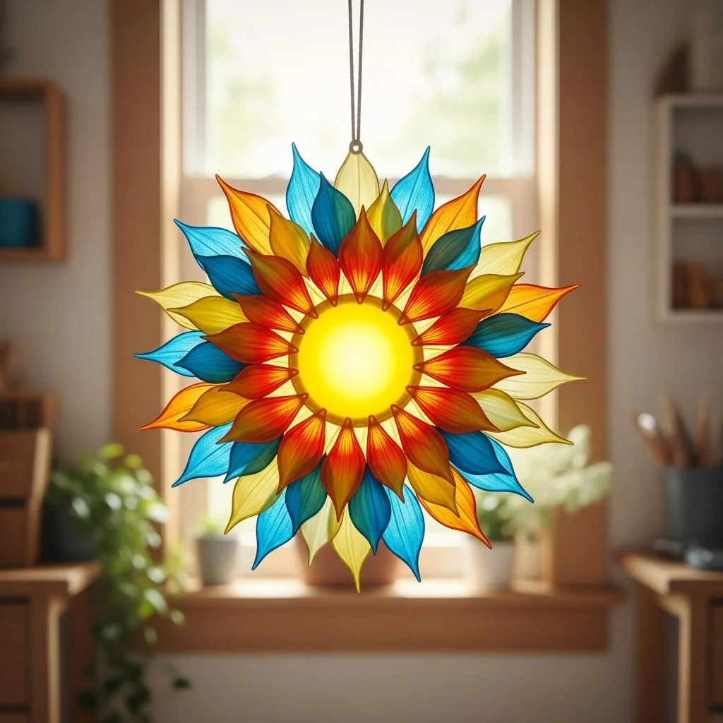 Colorful petals sparkling on a window, capturing sunshine in craft form.