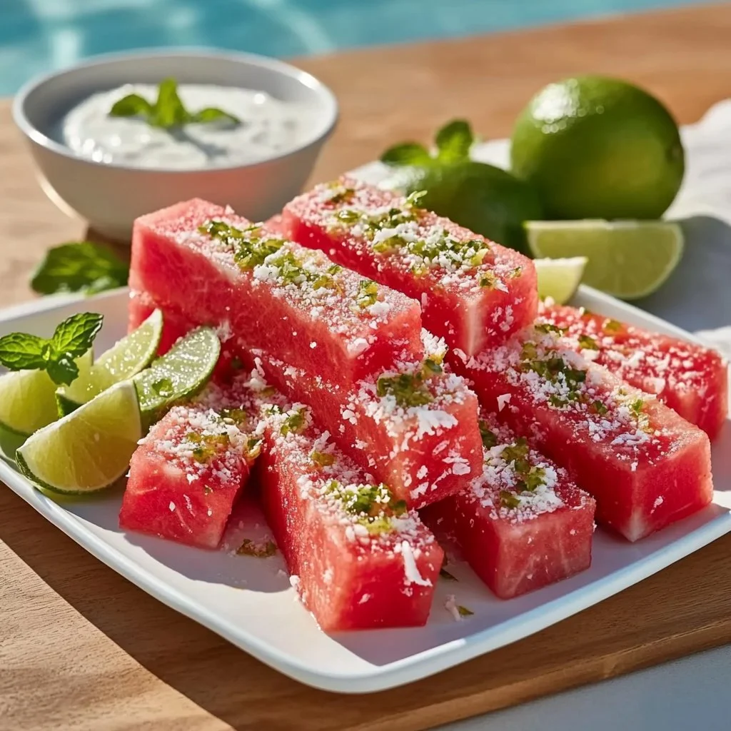 Watermelon fries served with a coconut lime dipping sauce
