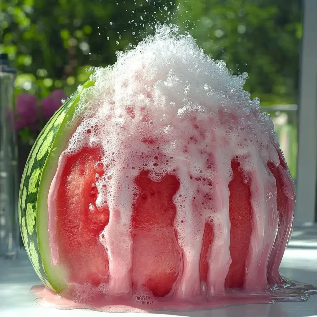 Watermelon volcano dessert with erupting juice, perfect for summer events.