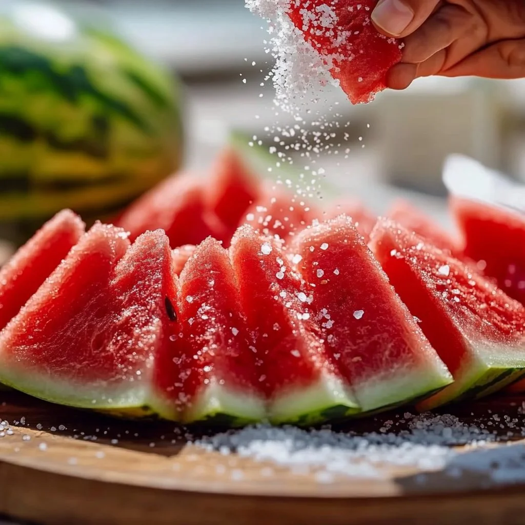 Slice of watermelon with salt sprinkled on top on a vibrant plate